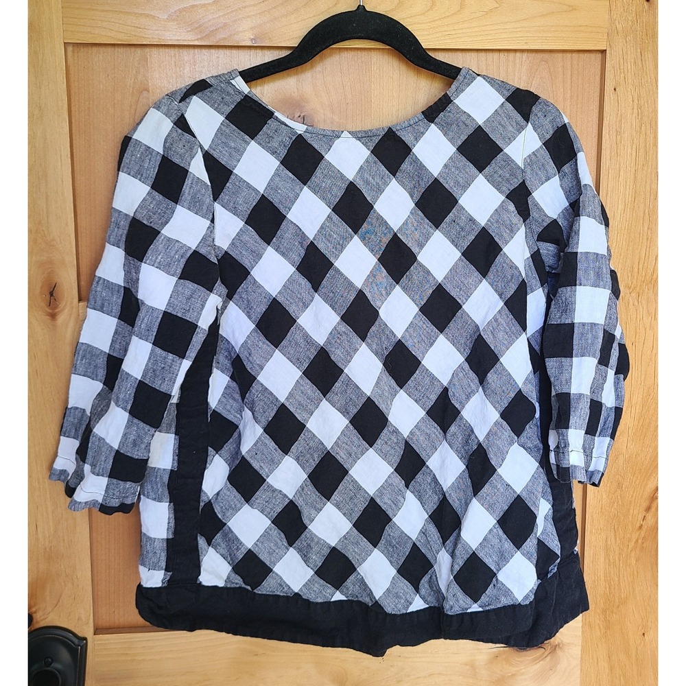 100% Linen Black White LARGE Buffalo Check Plaid Lagenlook Short Sleeve Top L